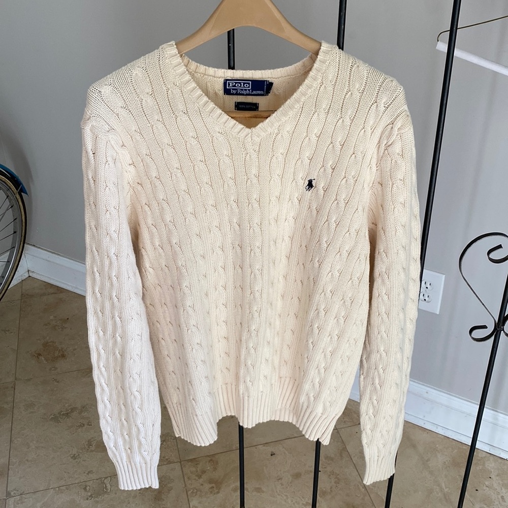 Polo Ralph Lauren Cable-Knit V-Neck Sweater (Color - Off White/Cream)